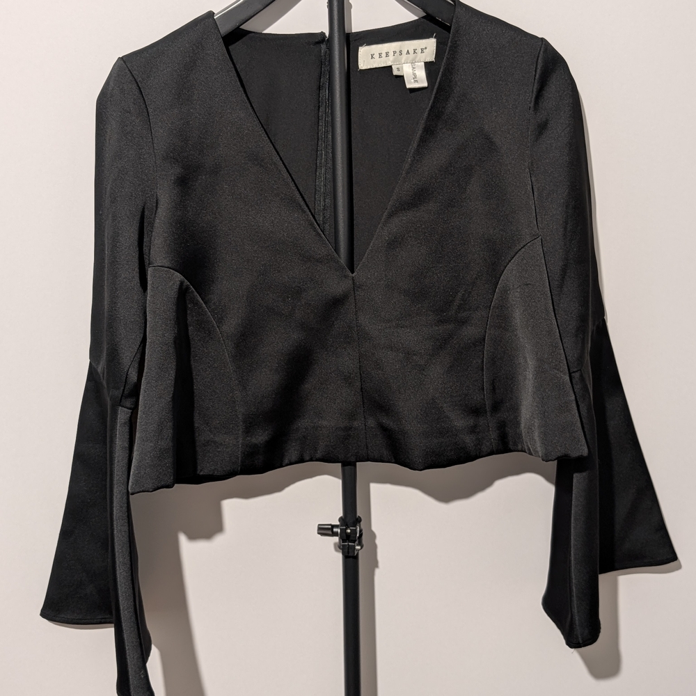 Keepsake Black V-Neck Flare Sleeve Crop Top - Size Small - SAMPLE